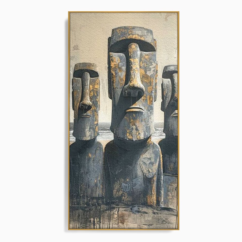 Tablou canvas cu statui moai din piatra, in rama de aluminiu auriu